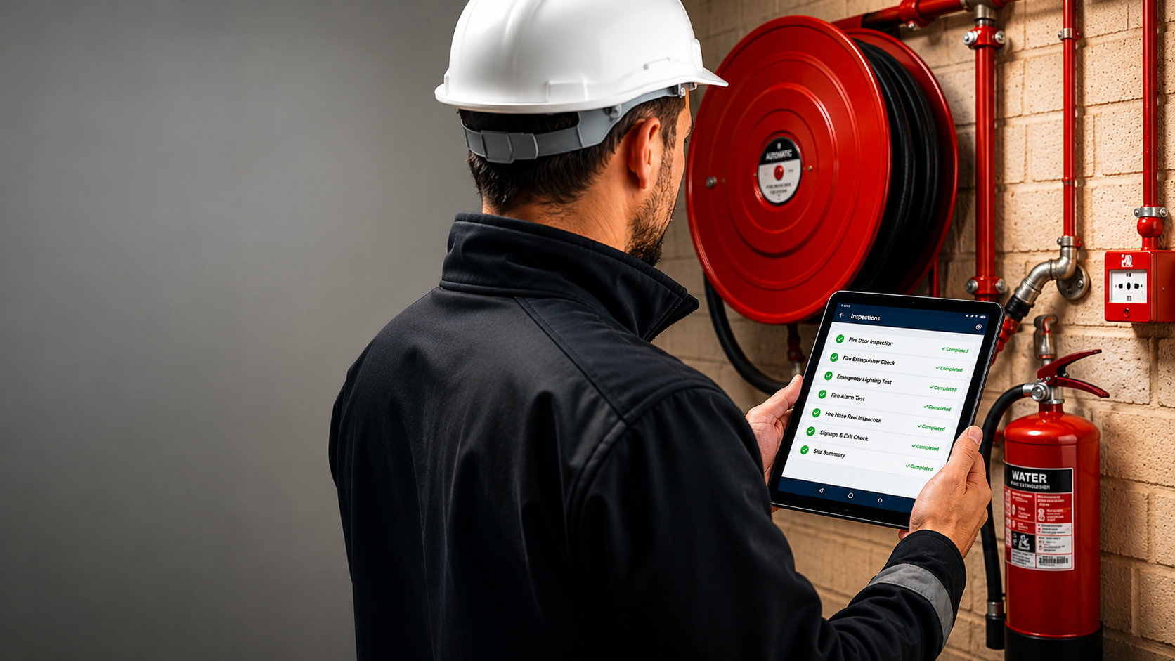 Engineer completing a fire protection inspection using mobile software
