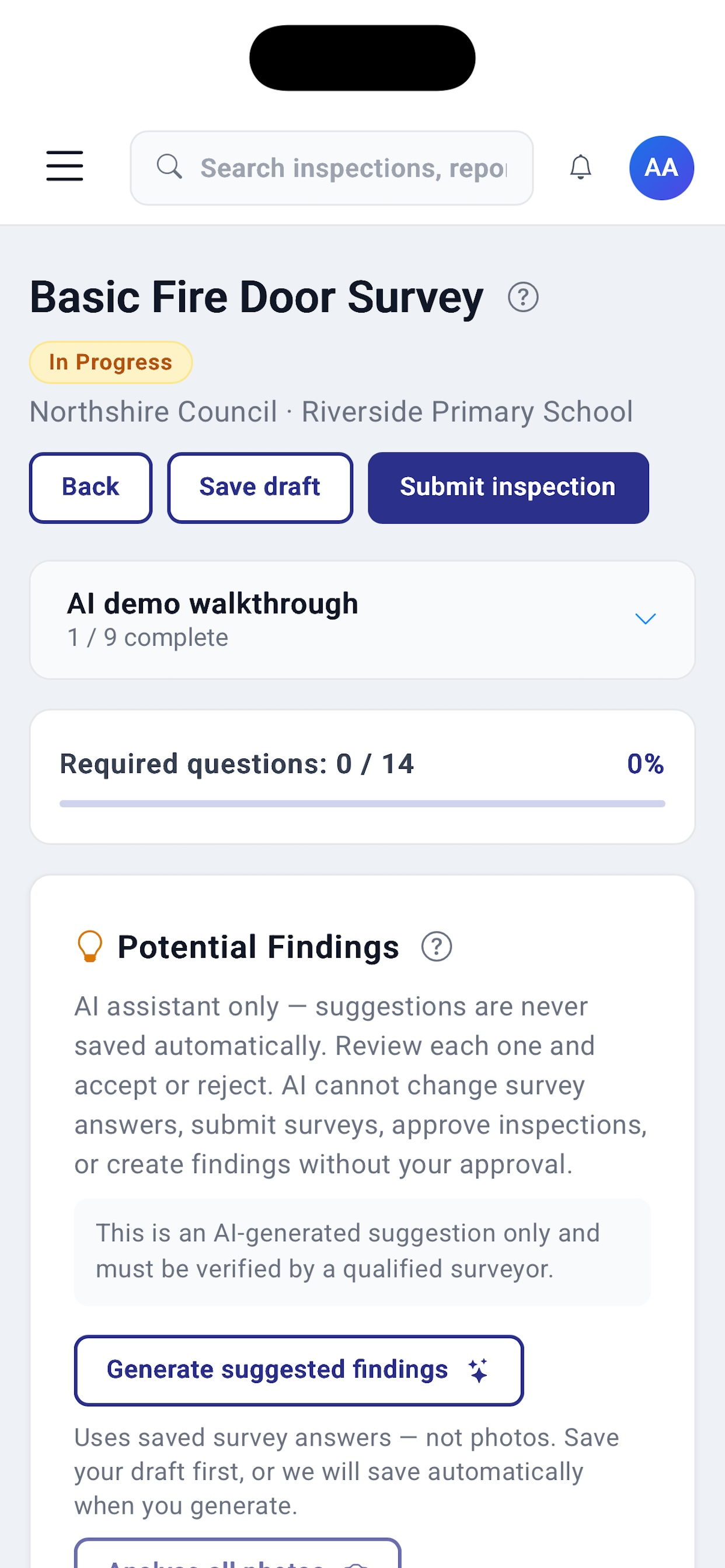 Pulse inspection screen with suggested findings. Copy states suggestions are never saved automatically and must be accepted or rejected