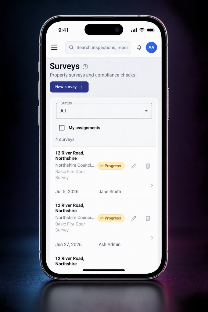 Pulse mobile surveys list showing in-progress fire door inspections