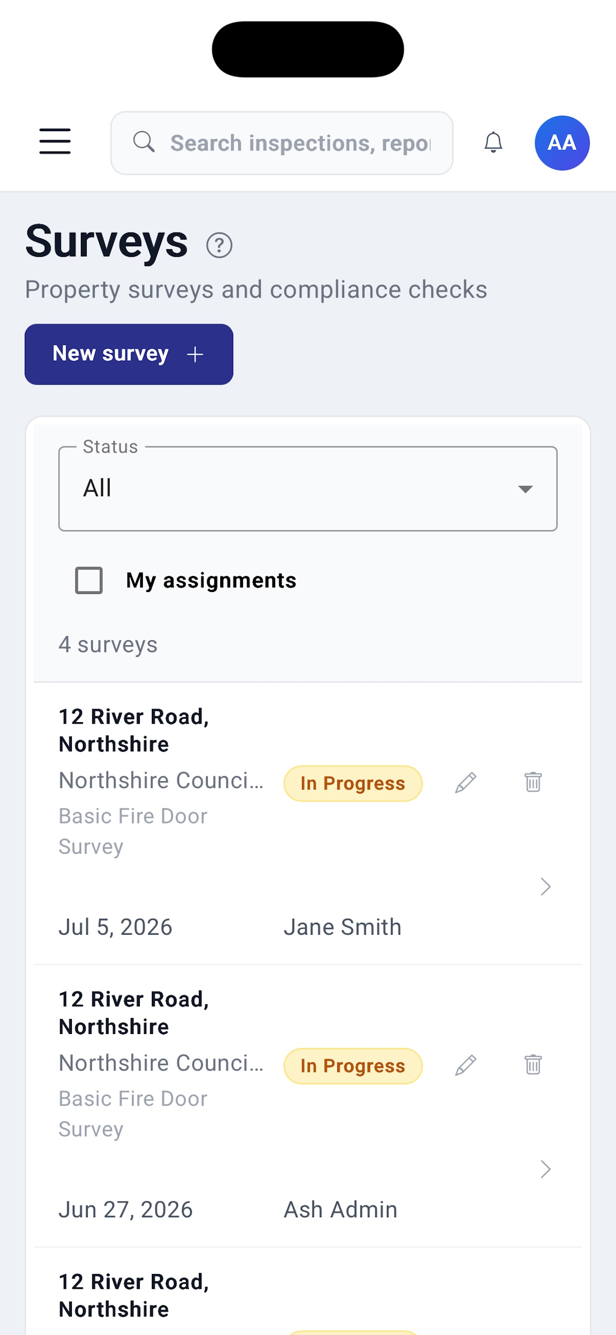 Pulse mobile surveys list showing in-progress fire door inspections