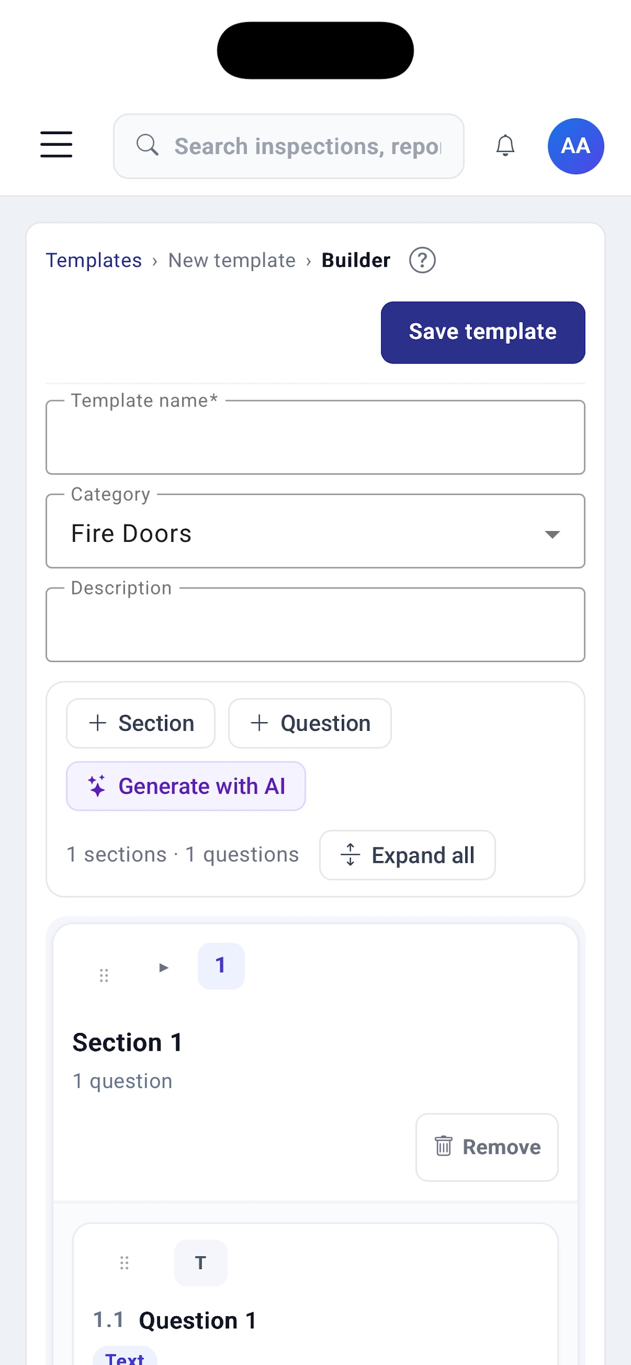 Pulse template builder with Generate with AI, used to draft inspection templates for review before publish