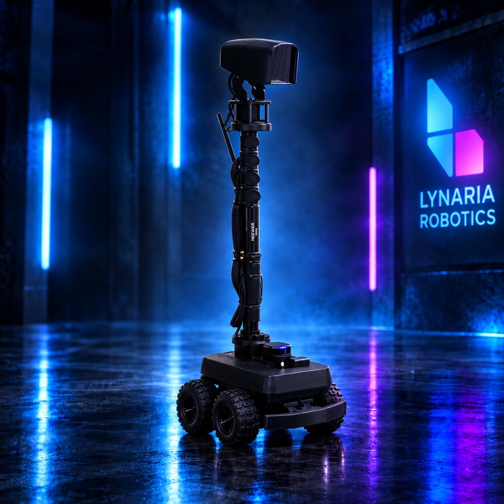 Lynaria Robotics telepresence rover with inspection mast in a neon-lit lab environment