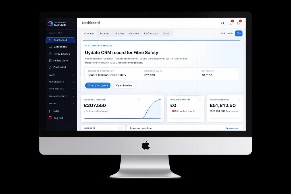 Lynaria Sales Engine dashboard on desktop showing AI sales manager, pipeline metrics and revenue overview