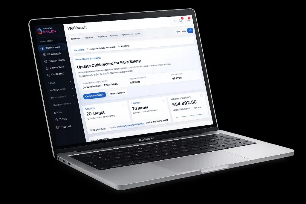 Lynaria Sales Engine workbench on laptop showing CRM updates, tasks and forecast overview